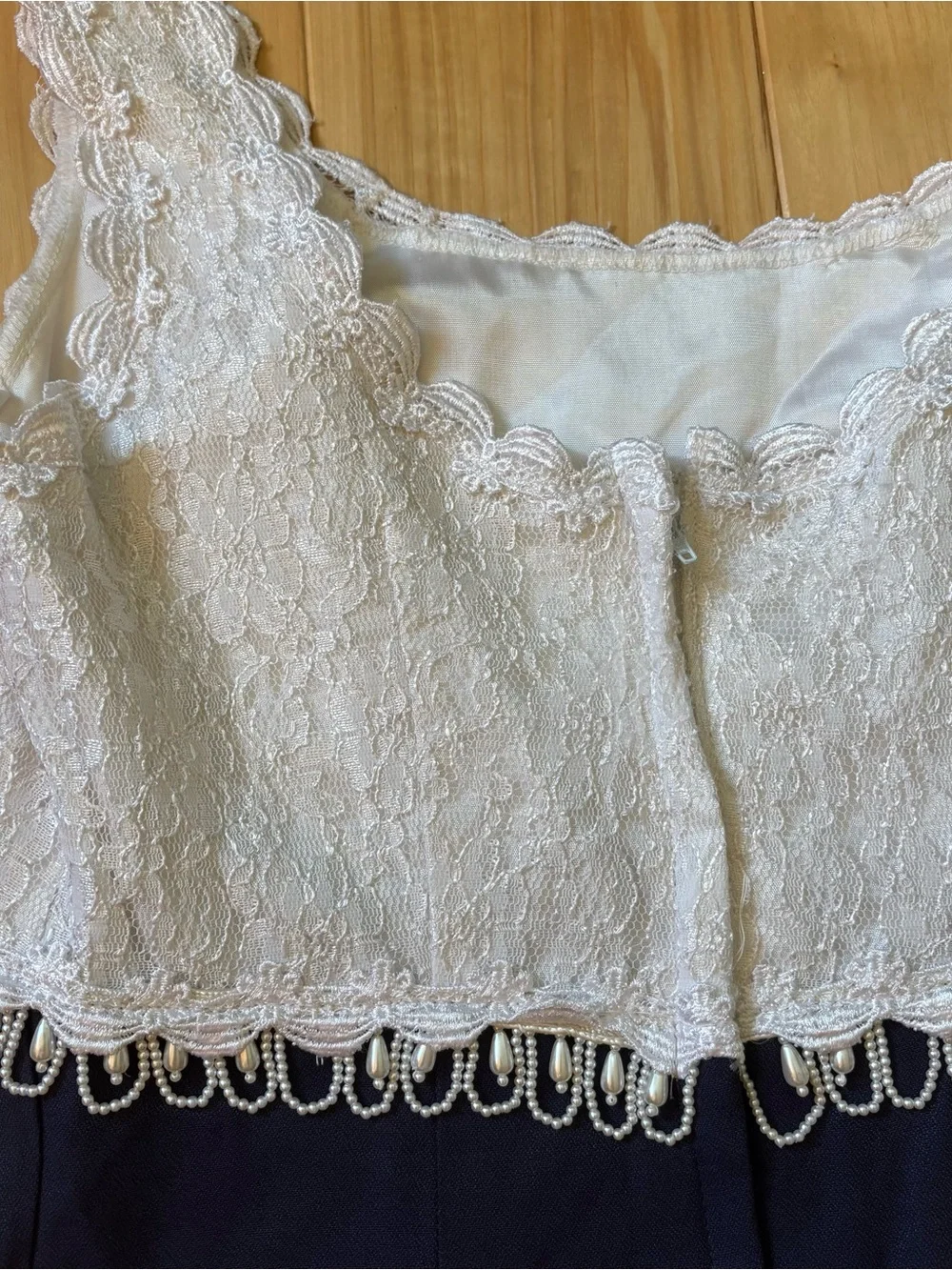 Vintage 90’s Loralie Original White Lace Bust Pearl Embellished Blue Maxi Dress